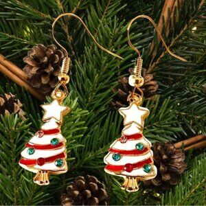 ⭐️ 5 for $25 Holiday Festive Christmas Tree Hoop Earrings Gold Tone